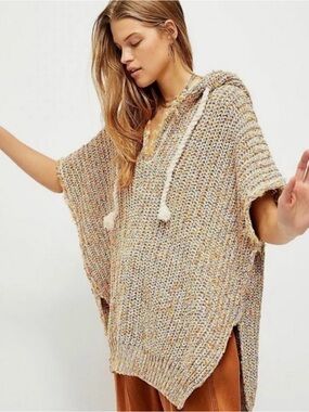 FREE PEOPLE Sz XL Electric Aura Hoodie Poncho Knit Sweater bright jubilee combo